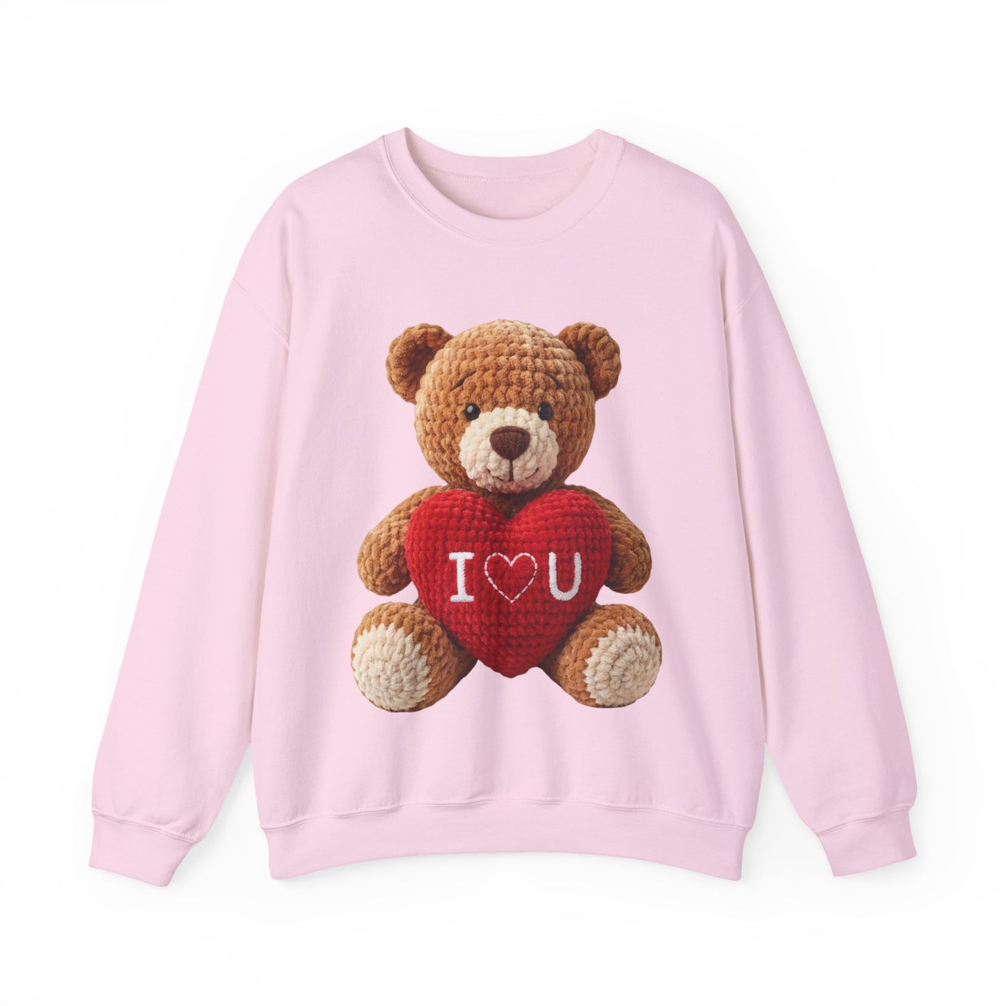 Valentine Faux Crochet I ❤️ U Teddy Bear Graphic Crewneck Sweatshirt (Gildan) - Size: S-3XL - Valentine's Day Shirt