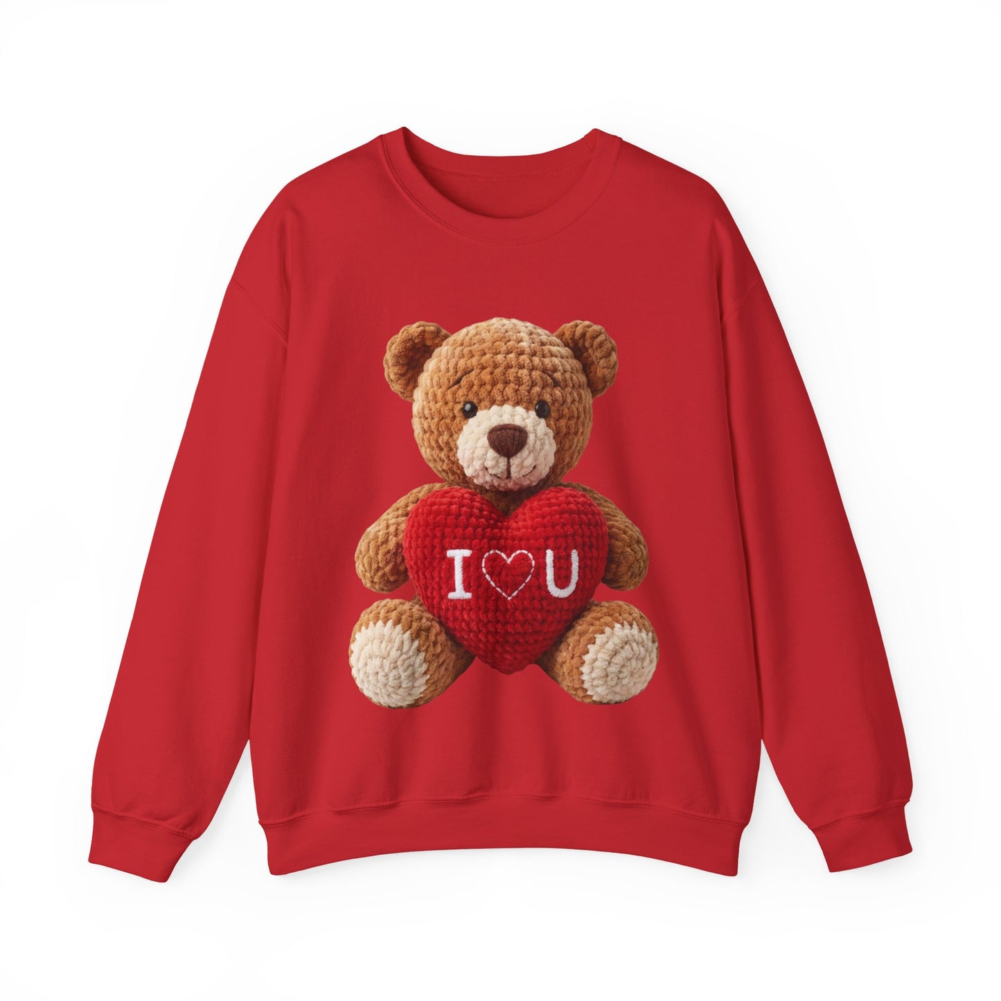Valentine Faux Crochet I ❤️ U Teddy Bear Graphic Crewneck Sweatshirt (Gildan) - Size: S-3XL - Valentine's Day Shirt