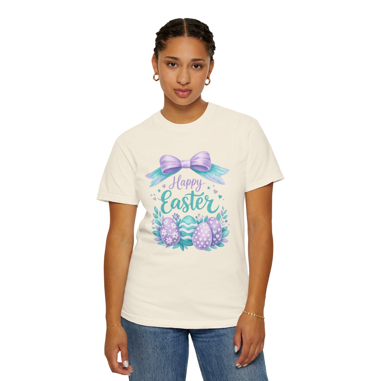 Adult Easter T-Shirt - "Happy Easter" Pastel Eggs & Bow Holiday Graphic Tee (Comfort Colors) - Size: S-4XL