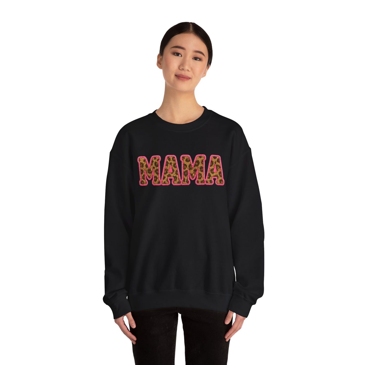 Mama & Mini "Mama" Faux Embroidery Pink Leopard Print DTG Graphic Crewneck Sweatshirt - Size: S-5XL