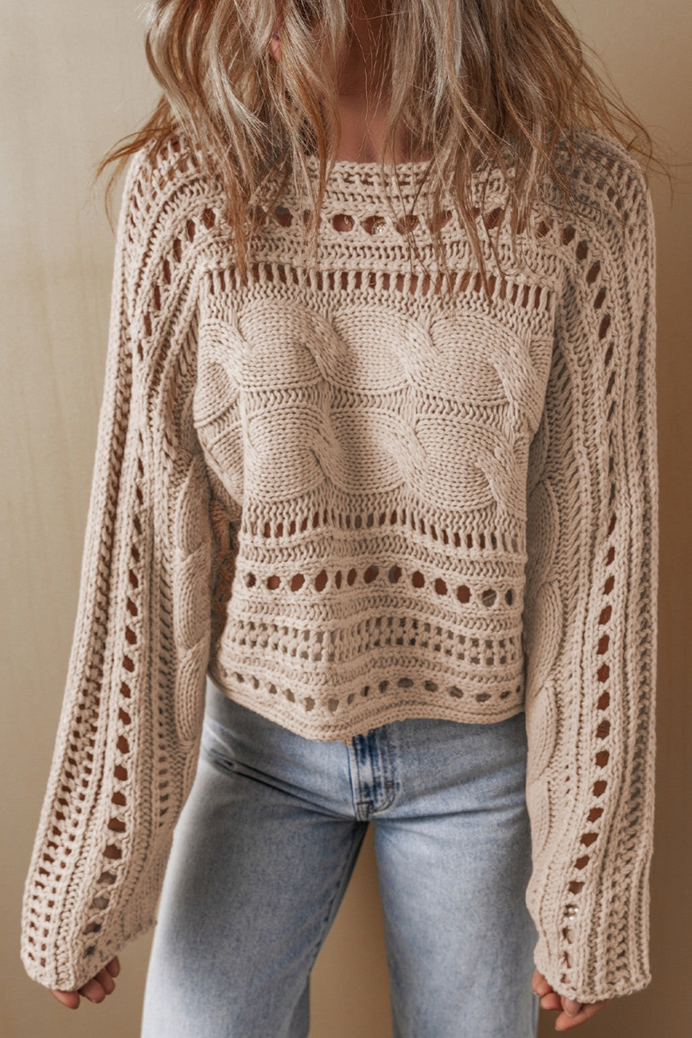 Cable-Knit Openwork Long Sleeve Sweater - Size: S-XL