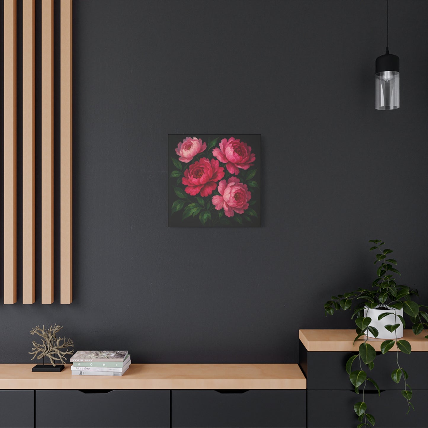 10×10" or 20x20" - Peony Bloom Matte Canvas Wall Art – Bold Pink Floral on Black Background for Modern Home Decor