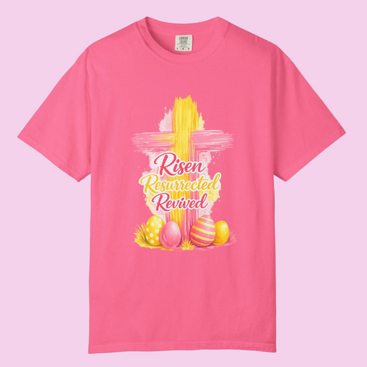Easter Cross “Risen Resurrected Revived” Graphic Tee (Comfort Colors) - Size: S-4XL