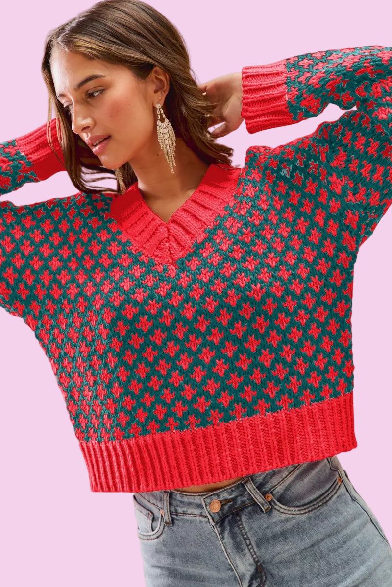 SO ME - Color Block Textured Christmas Sweater V Neck Top - Size: S-XL
