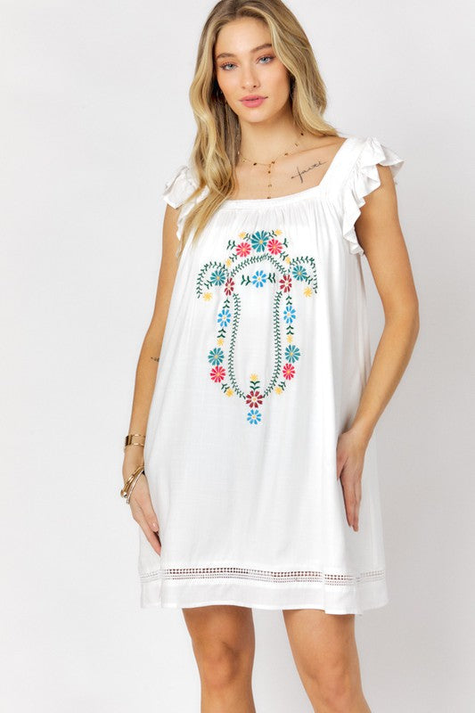 Davi & Dani - Embroidered Square Neck Mini Dress