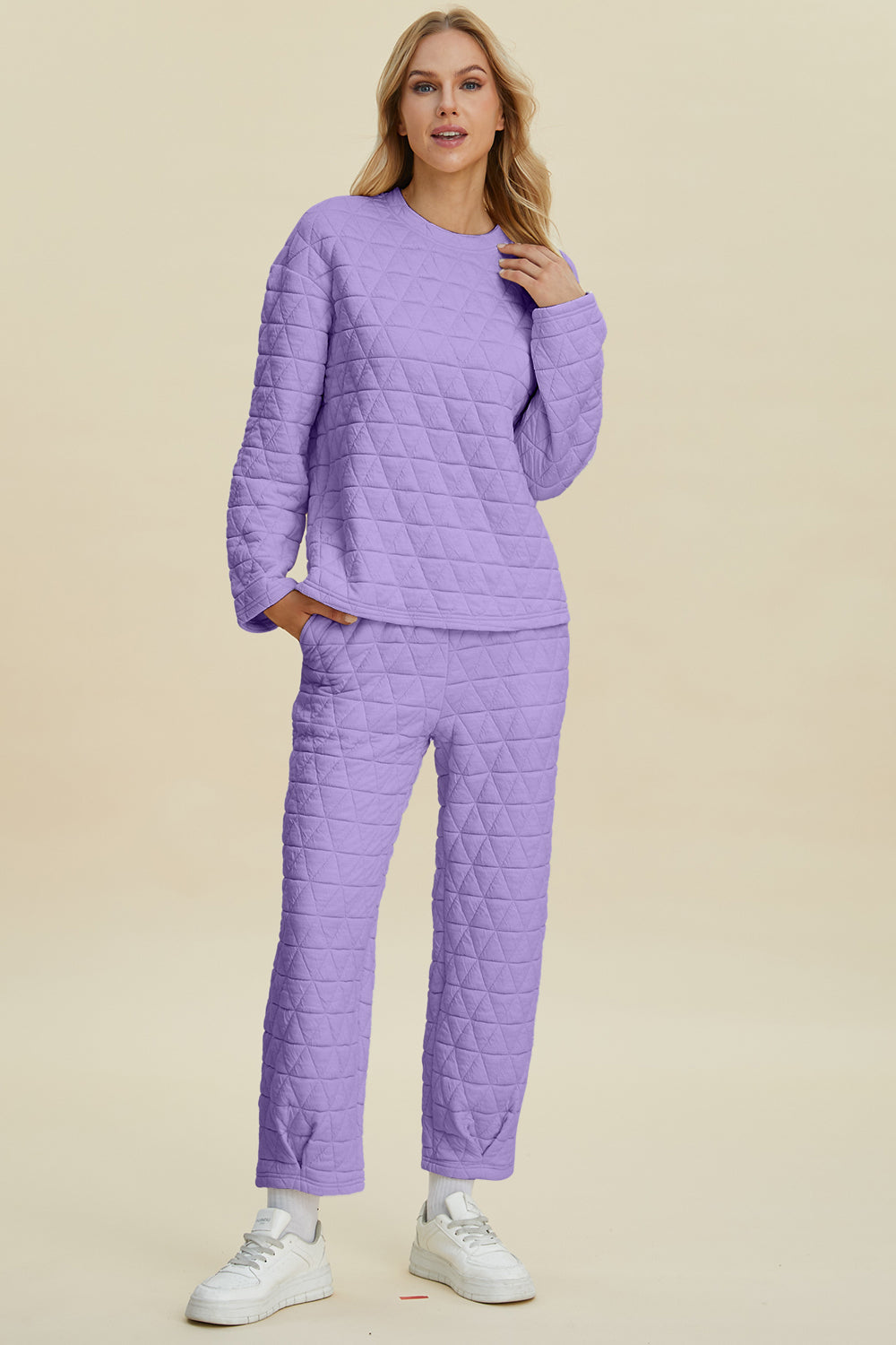 Double Take - Texture Round Neck Long Sleeve Top and Pants Set - Size: S-3XL