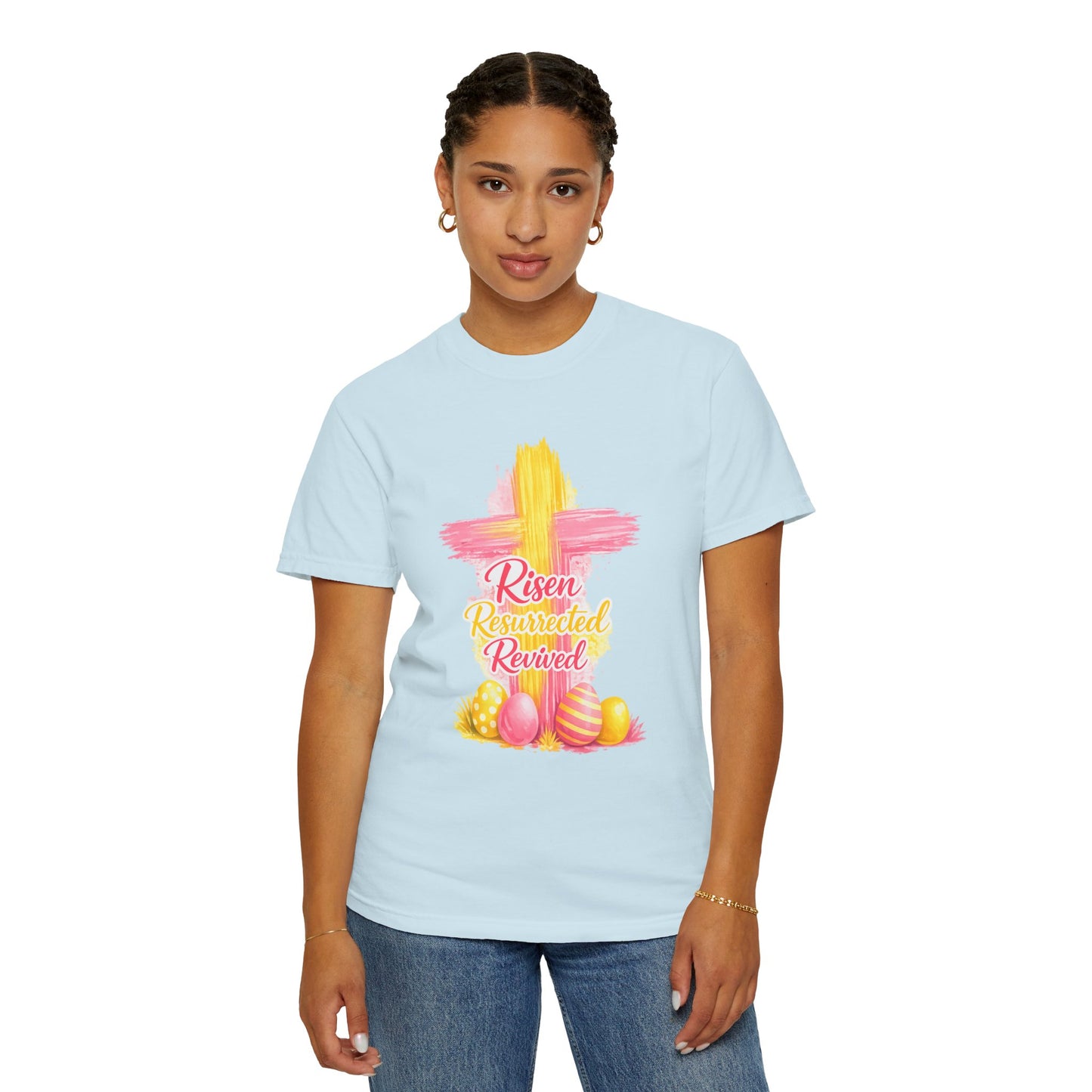 Easter Cross “Risen Resurrected Revived” Graphic Tee (Comfort Colors) - Size: S-4XL