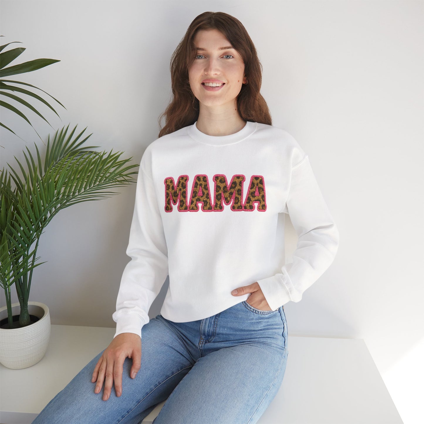 Mama & Mini "Mama" Faux Embroidery Pink Leopard Print DTG Graphic Crewneck Sweatshirt - Size: S-5XL