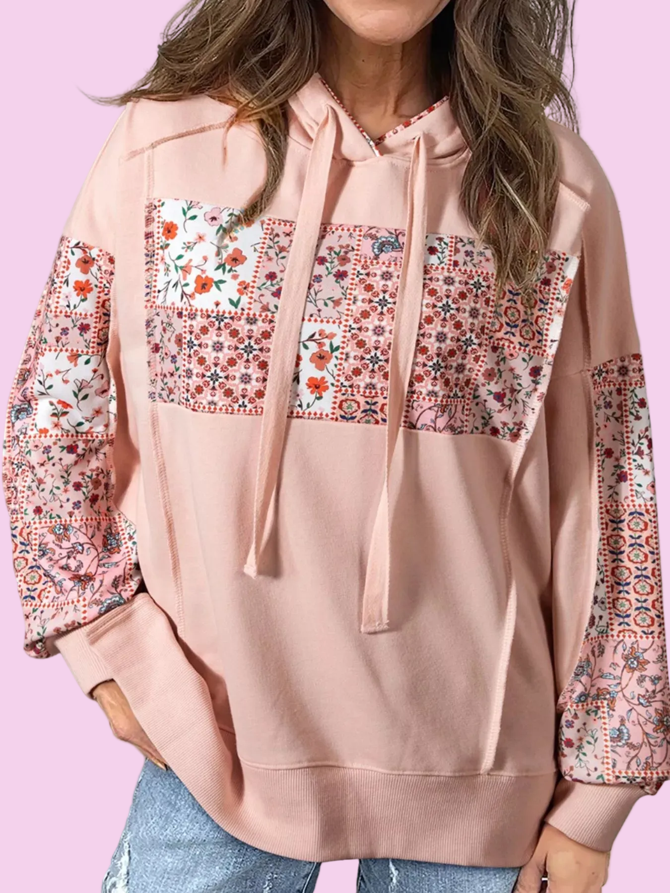 Floral Patchwork Print Drawstring Hoodie – Dusty Pink Long Sleeve Casual Sweatshirt - S-XL