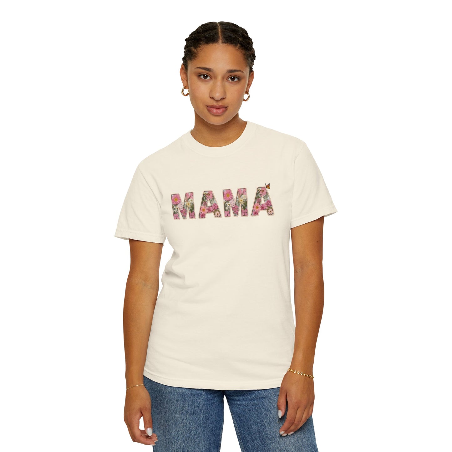 Spring Floral "MAMA" Graphic Tee (Comfort Colors) - Size: S-4XL - Cute Matching Mommy & Me Shirt, Pink Flower Lettering Mom Top, Gift for Moms