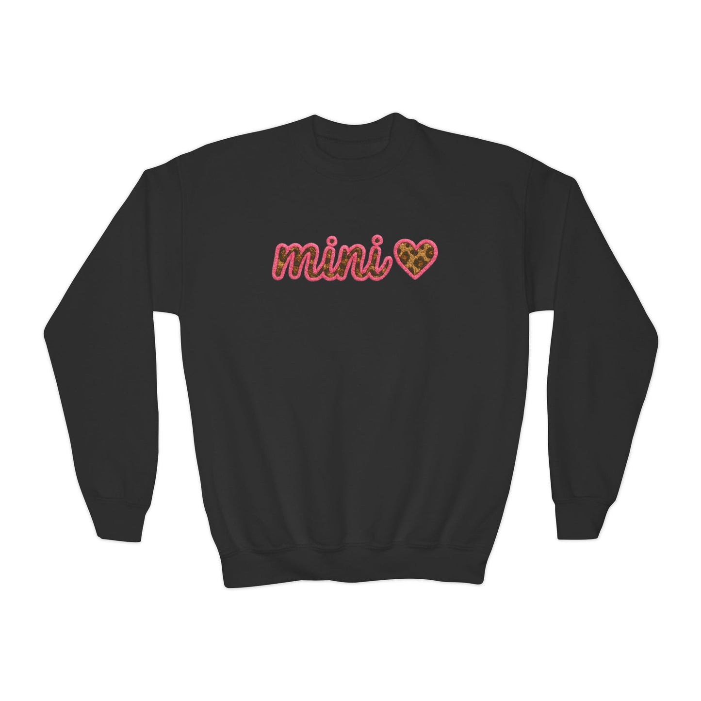 Mama & Mini "Mini" Youth Crewneck Sweatshirt - Faux Embroidery Pink Leopard Heart DTG - Size: YXS-YXL