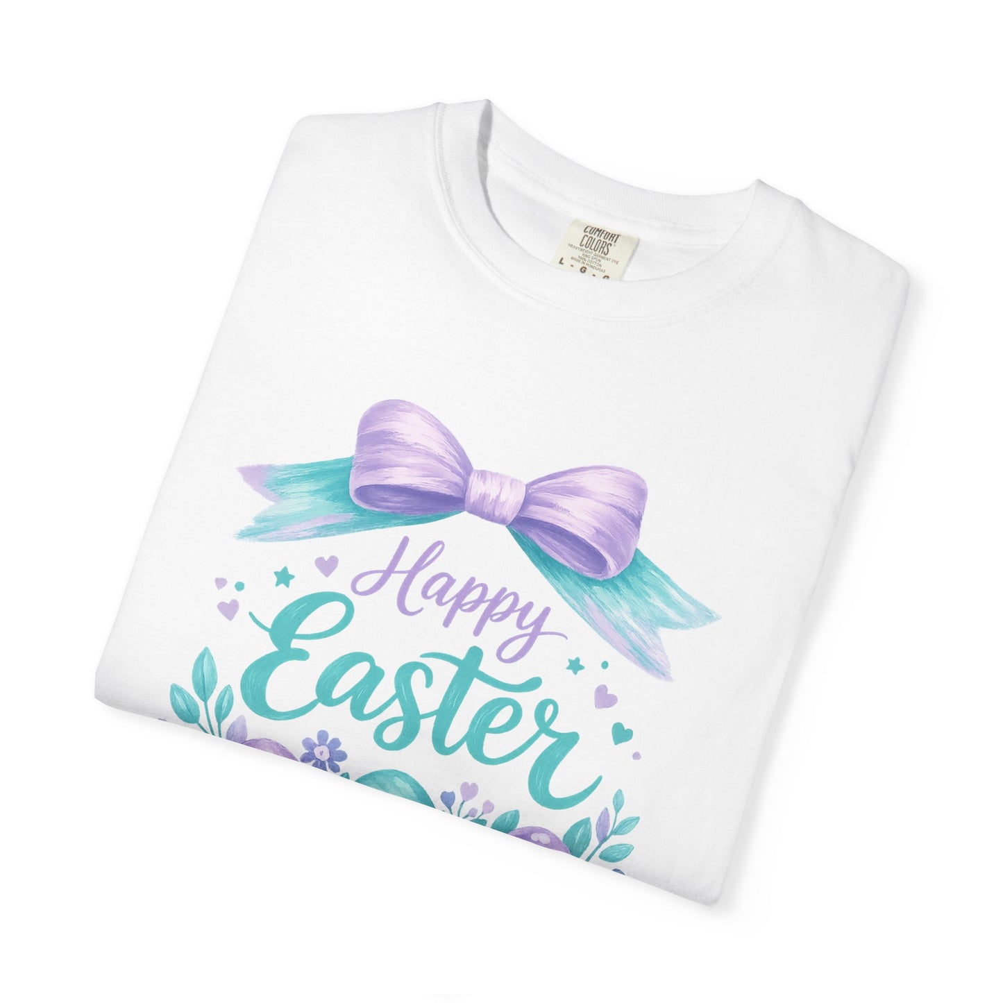 Adult Easter T-Shirt - "Happy Easter" Pastel Eggs & Bow Holiday Graphic Tee (Comfort Colors) - Size: S-4XL