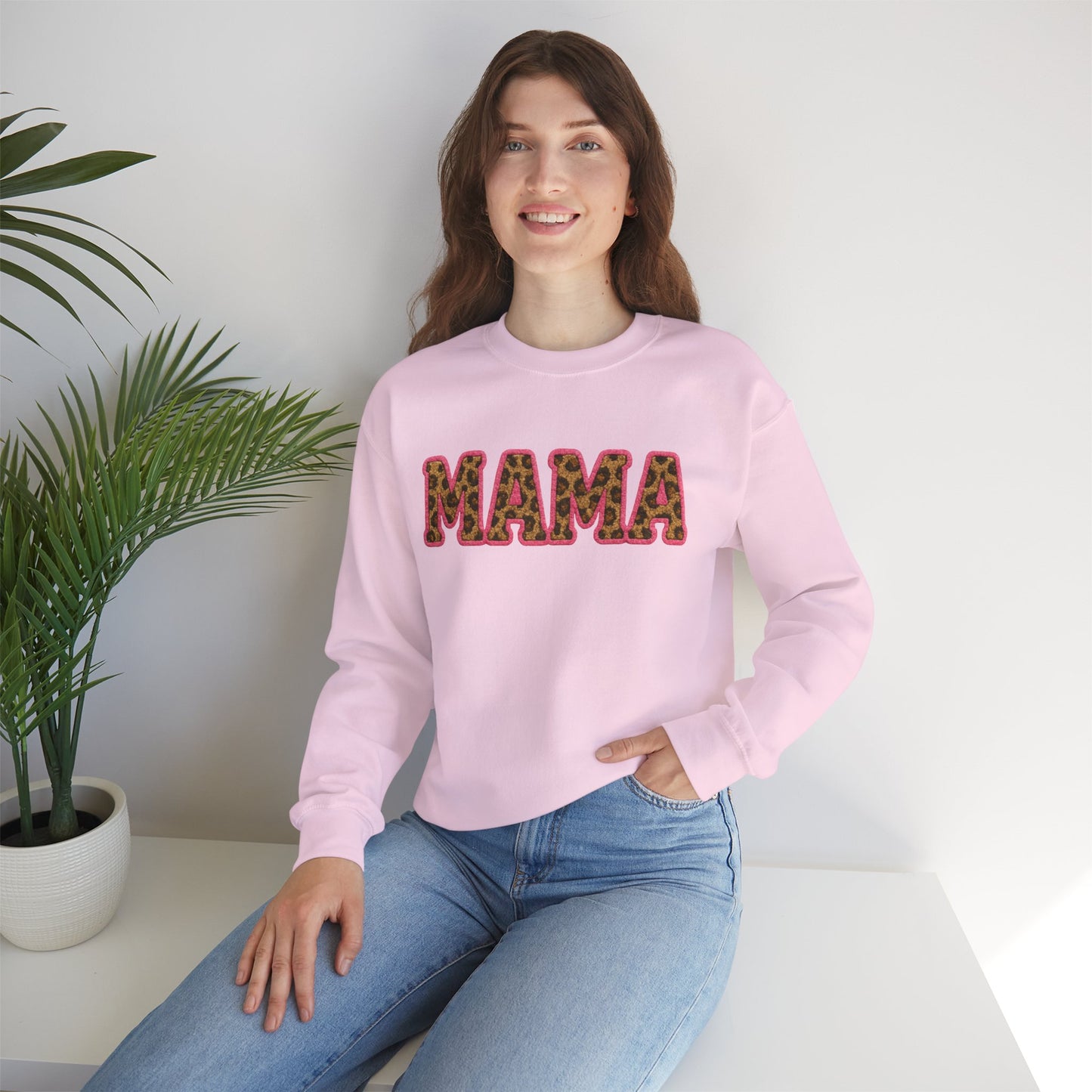 Mama & Mini "Mama" Faux Embroidery Pink Leopard Print DTG Graphic Crewneck Sweatshirt - Size: S-5XL