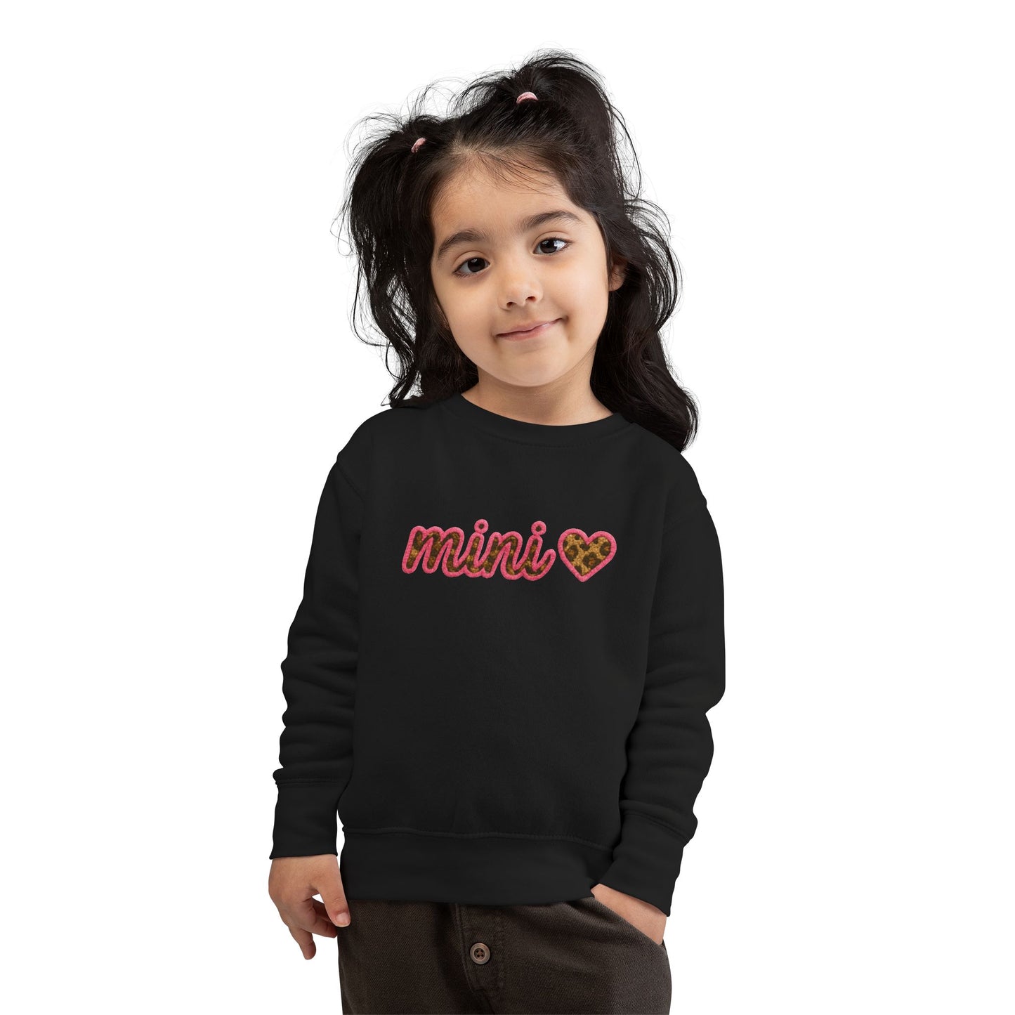 Mama & Mini "Mini" Faux Embroidery Pink Leopard Heart DTG Toddler Sweatshirt - Size: 2T-7T