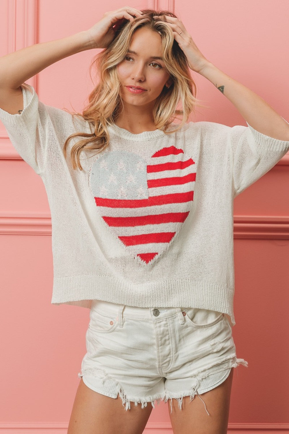 BiBi - Striped Heart Contrast Knit Top