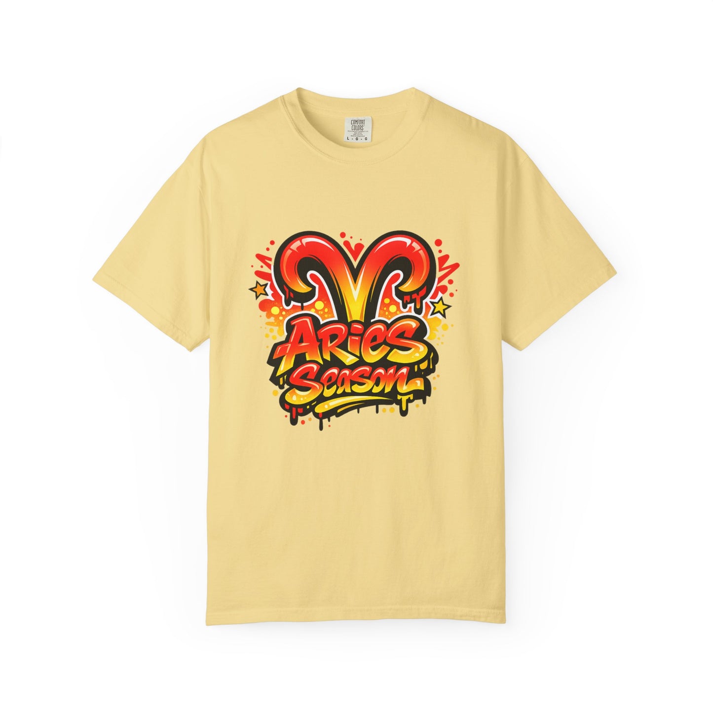 Aries Season Graphic Tee (Comfort Colors)- Bold Zodiac Astrology T-Shirt, Red & Yellow Aries Ram Design, Trendy Horoscope Shirt, Fire Sign Fashion - Size: S-4XL