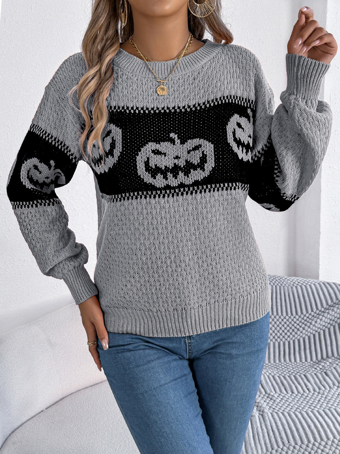 Pumpkin - Round Neck Long Sleeve Sweater - Halloween Collection