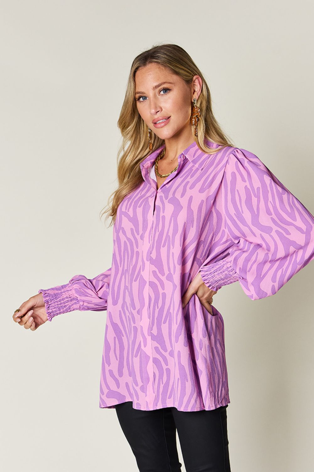 Double Take - Printed Smocked Long Sleeve Blouse - Size: S-3XL