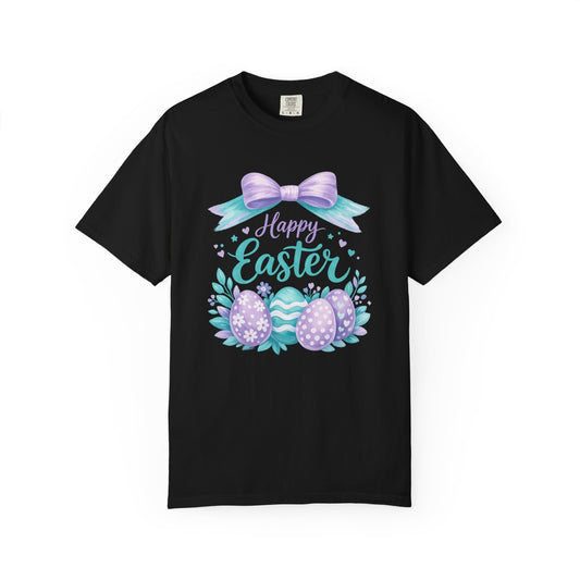 Adult Easter T-Shirt - "Happy Easter" Pastel Eggs & Bow Holiday Graphic Tee (Comfort Colors) - Size: S-4XL