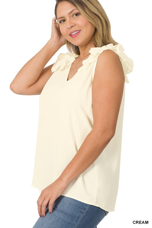 Zenana - Woven Wool Dobby Ruffle Trim Sleeveless Top - Plus