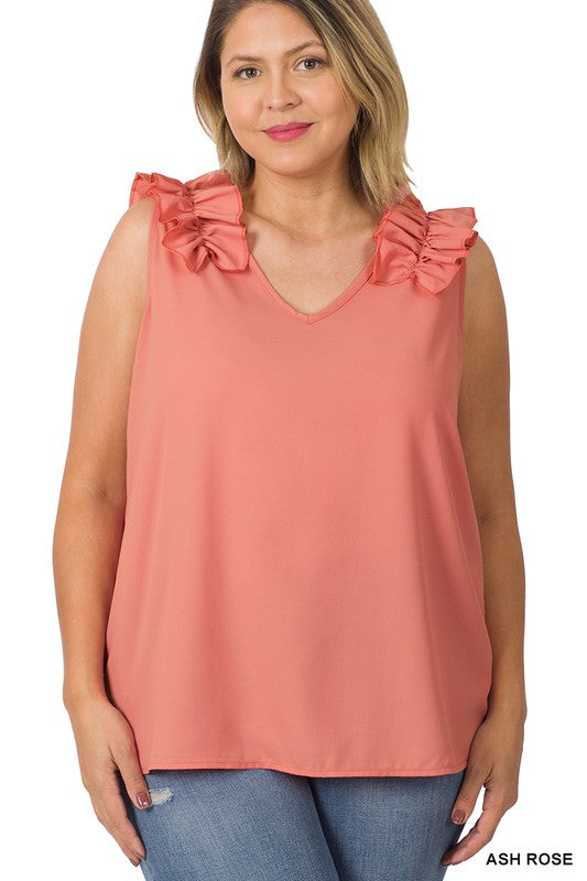 Zenana - Woven Wool Dobby Ruffle Trim Sleeveless Top - Plus