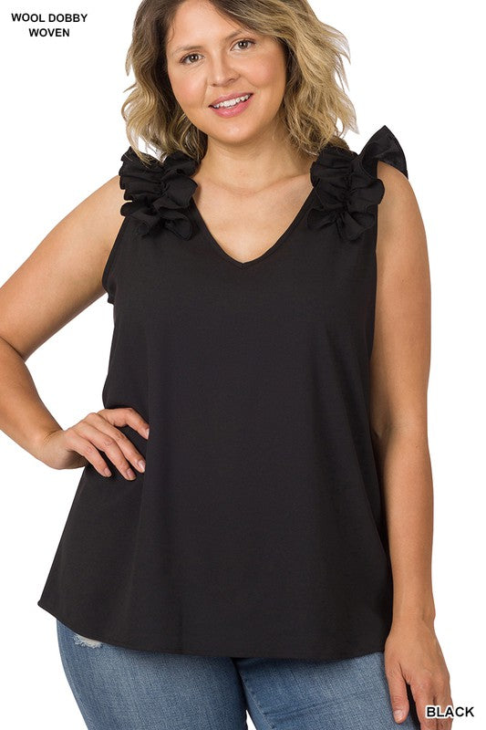 Zenana - Woven Wool Dobby Ruffle Trim Sleeveless Top - Plus