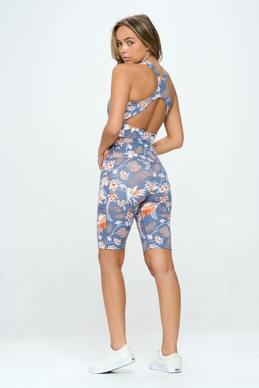 Blue Flower Print Activewear Set