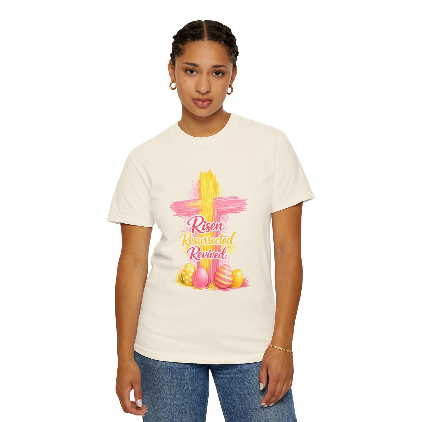 Easter Cross “Risen Resurrected Revived” Graphic Tee (Comfort Colors) - Size: S-4XL