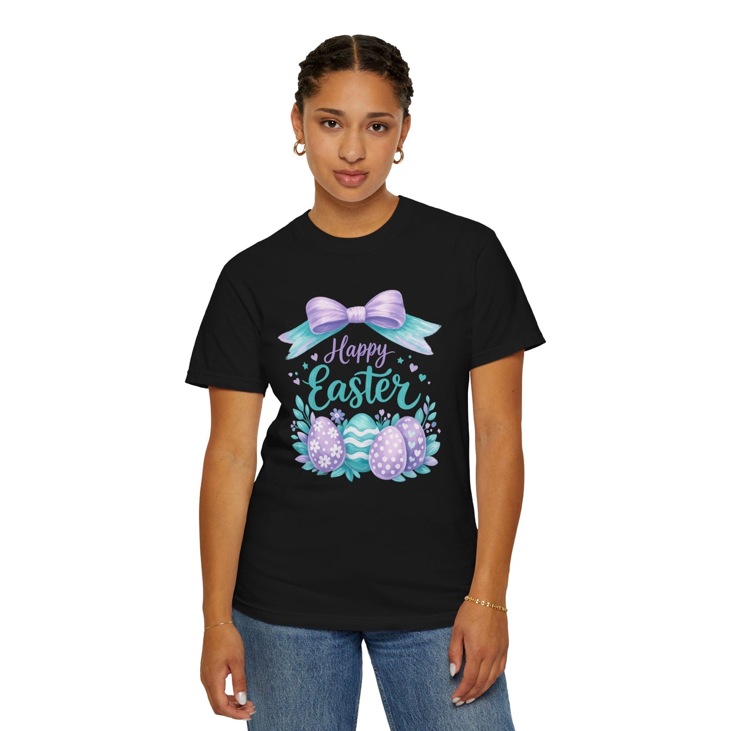 Adult Easter T-Shirt - "Happy Easter" Pastel Eggs & Bow Holiday Graphic Tee (Comfort Colors) - Size: S-4XL