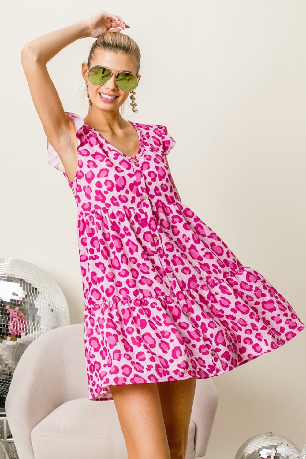 BiBi - Leopard Cap Sleeve Tiered Mini Dress