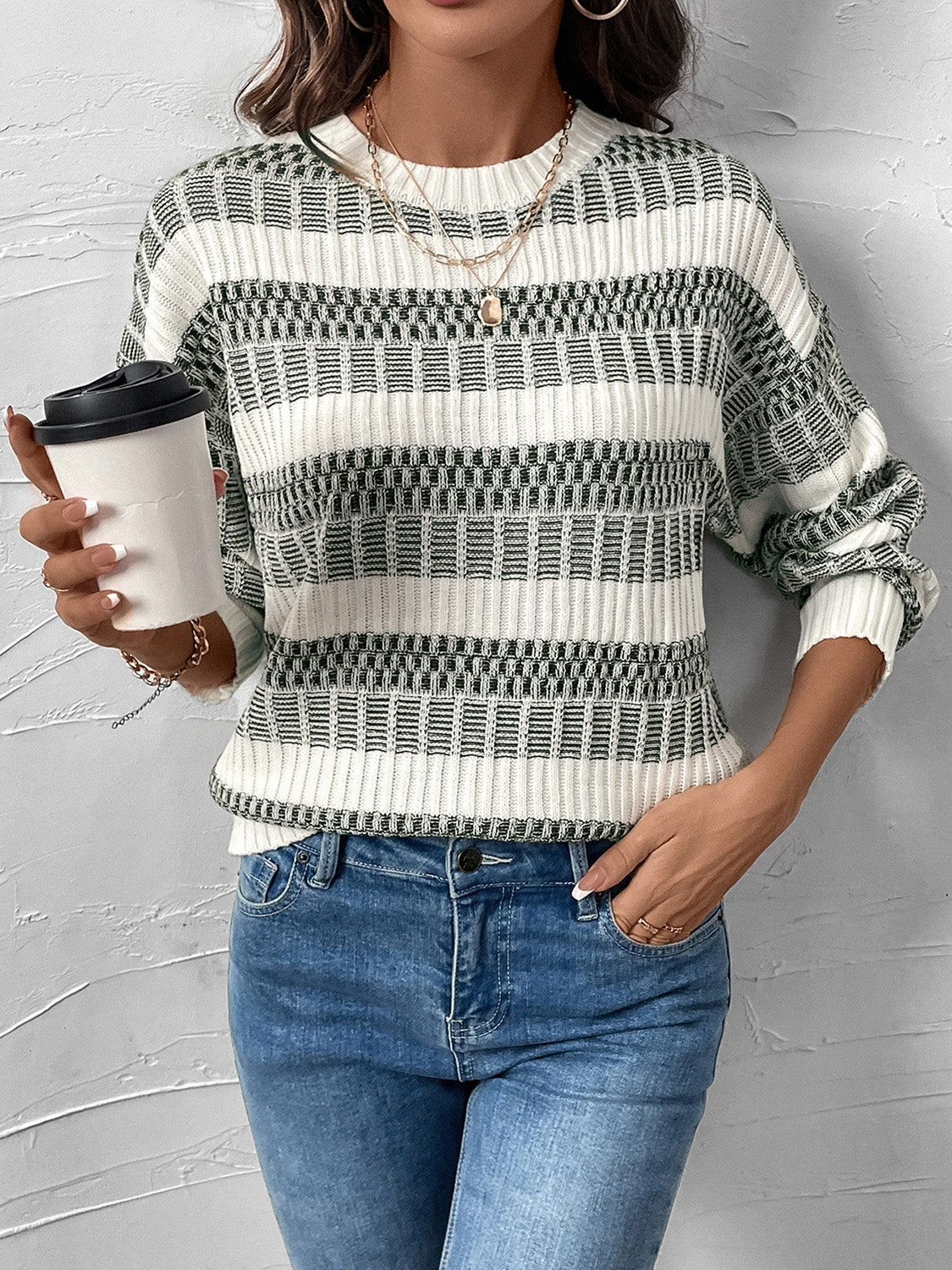 Perfee - Contrast Round Neck Long Sleeve Sweater