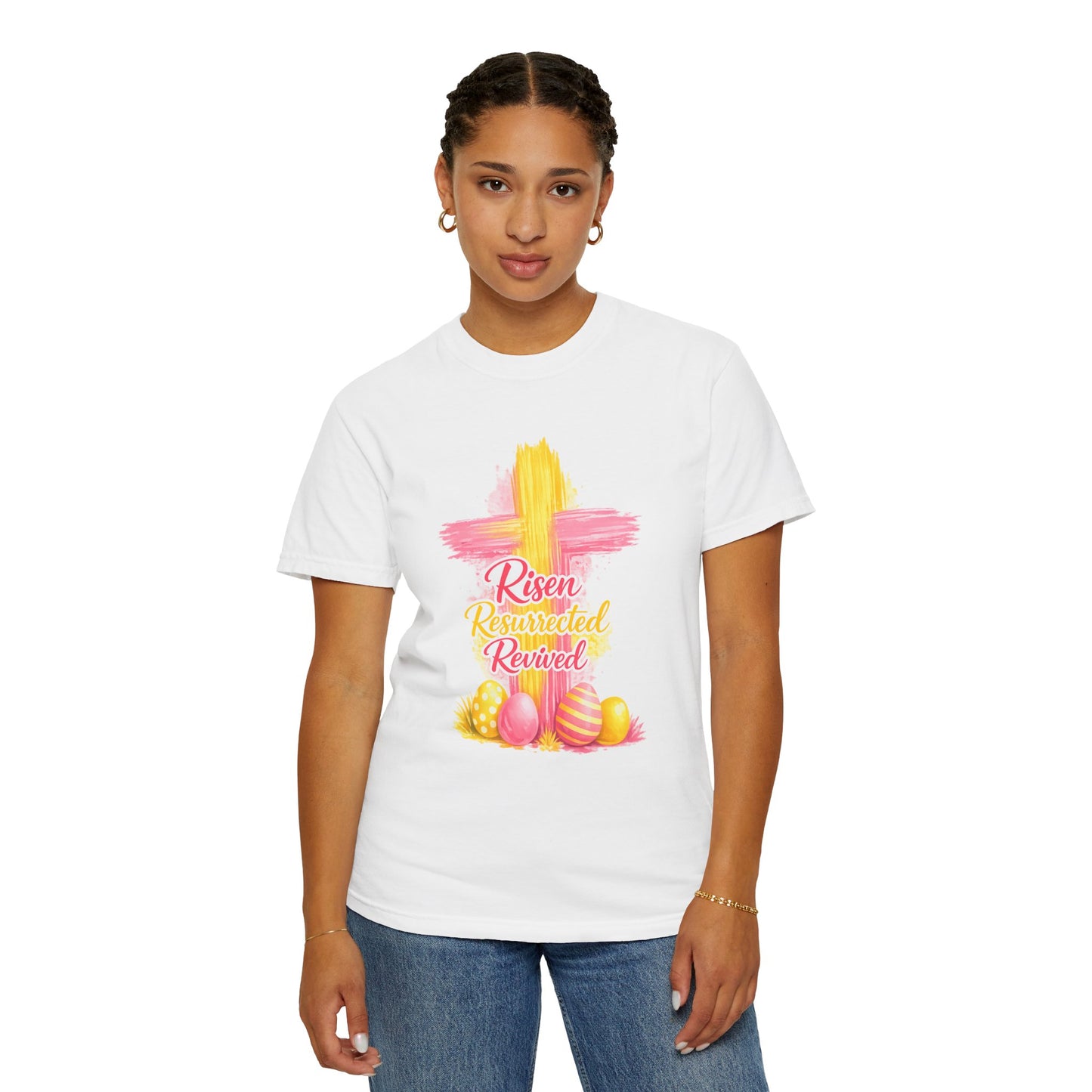 Easter Cross “Risen Resurrected Revived” Graphic Tee (Comfort Colors) - Size: S-4XL