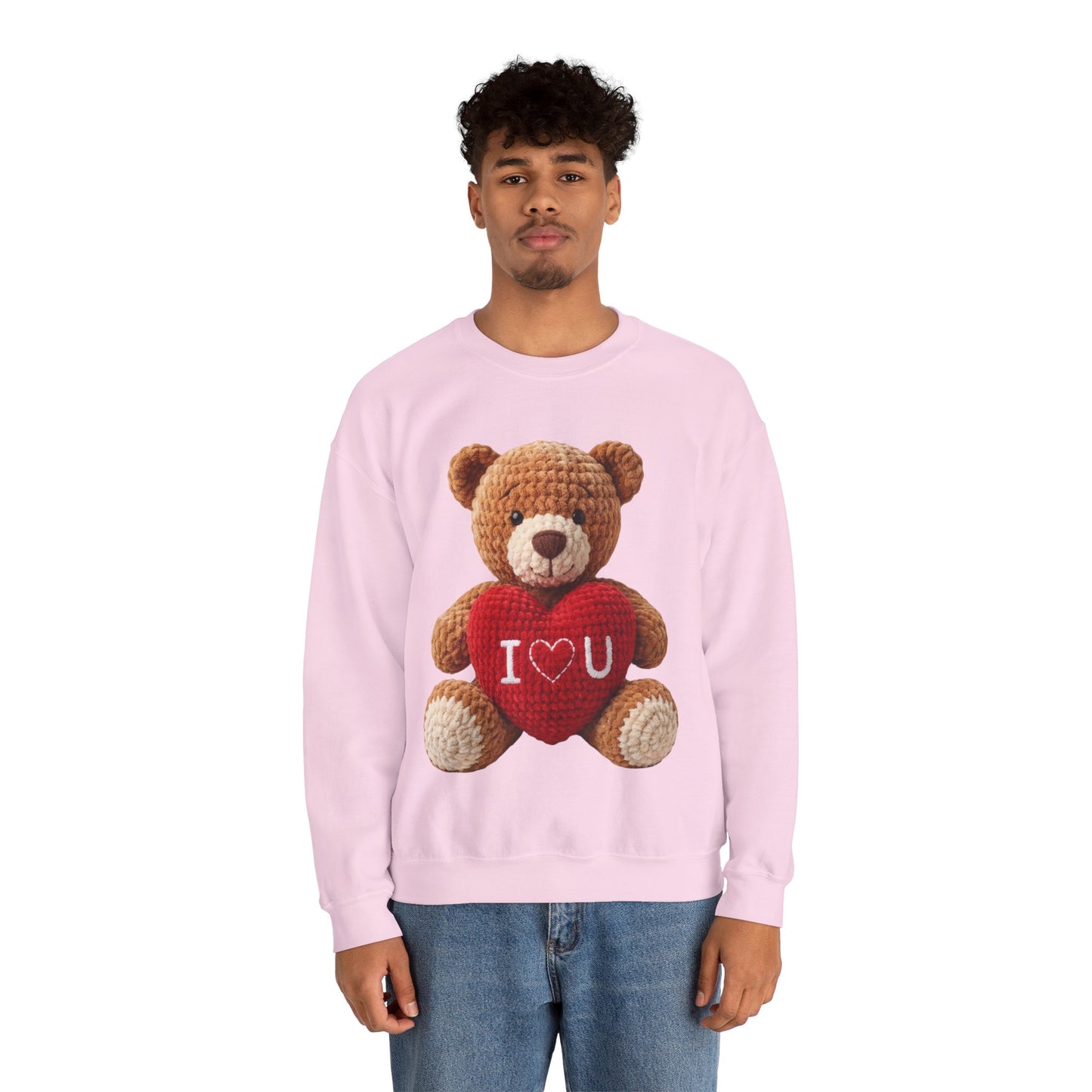 Valentine Faux Crochet I ❤️ U Teddy Bear Graphic Crewneck Sweatshirt (Gildan) - Size: S-3XL - Valentine's Day Shirt