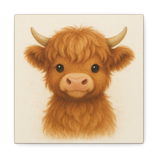 Cute Highland Cow Canvas Wall Art, Home Decor for Animal Lovers, Gift for Nursery or Children, Farmhouse Style, Cute Cow Print - Stretched Matte Canvas - Size: 10×10" or 20×20"