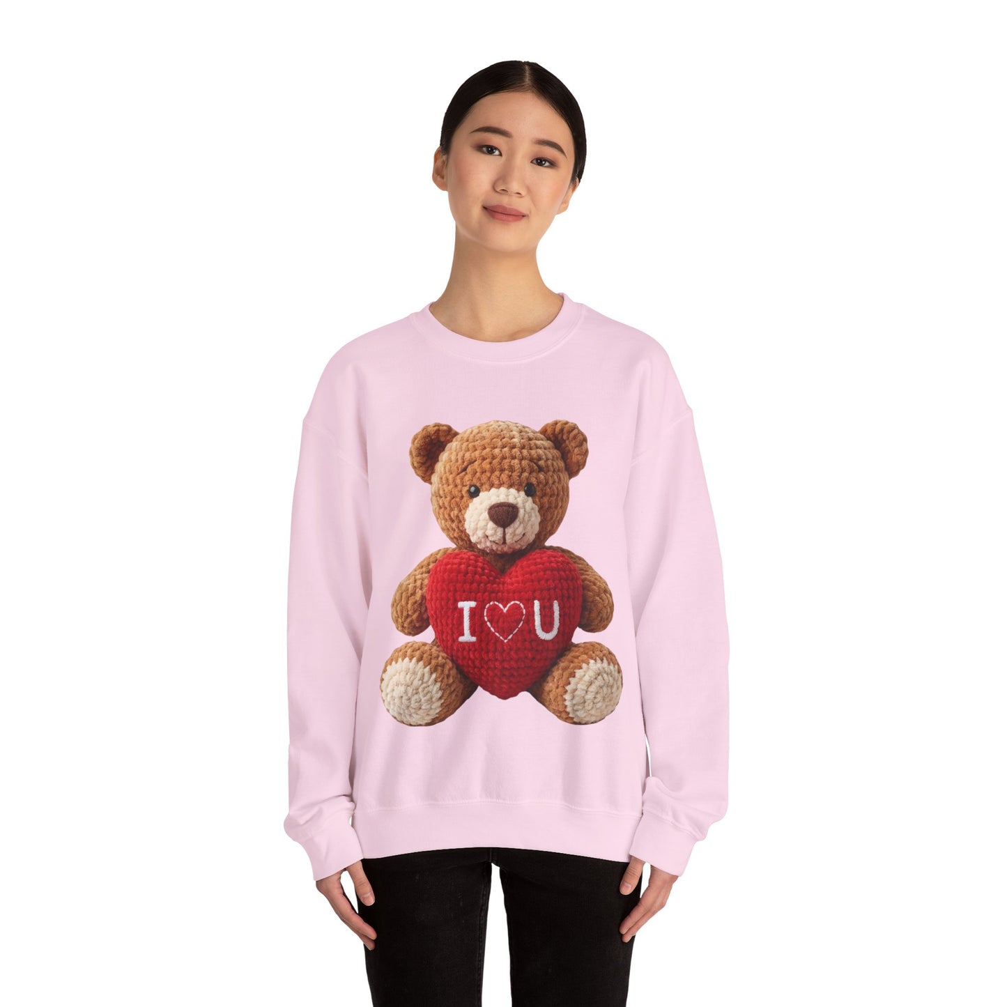 Valentine Faux Crochet I ❤️ U Teddy Bear Graphic Crewneck Sweatshirt (Gildan) - Size: S-3XL - Valentine's Day Shirt