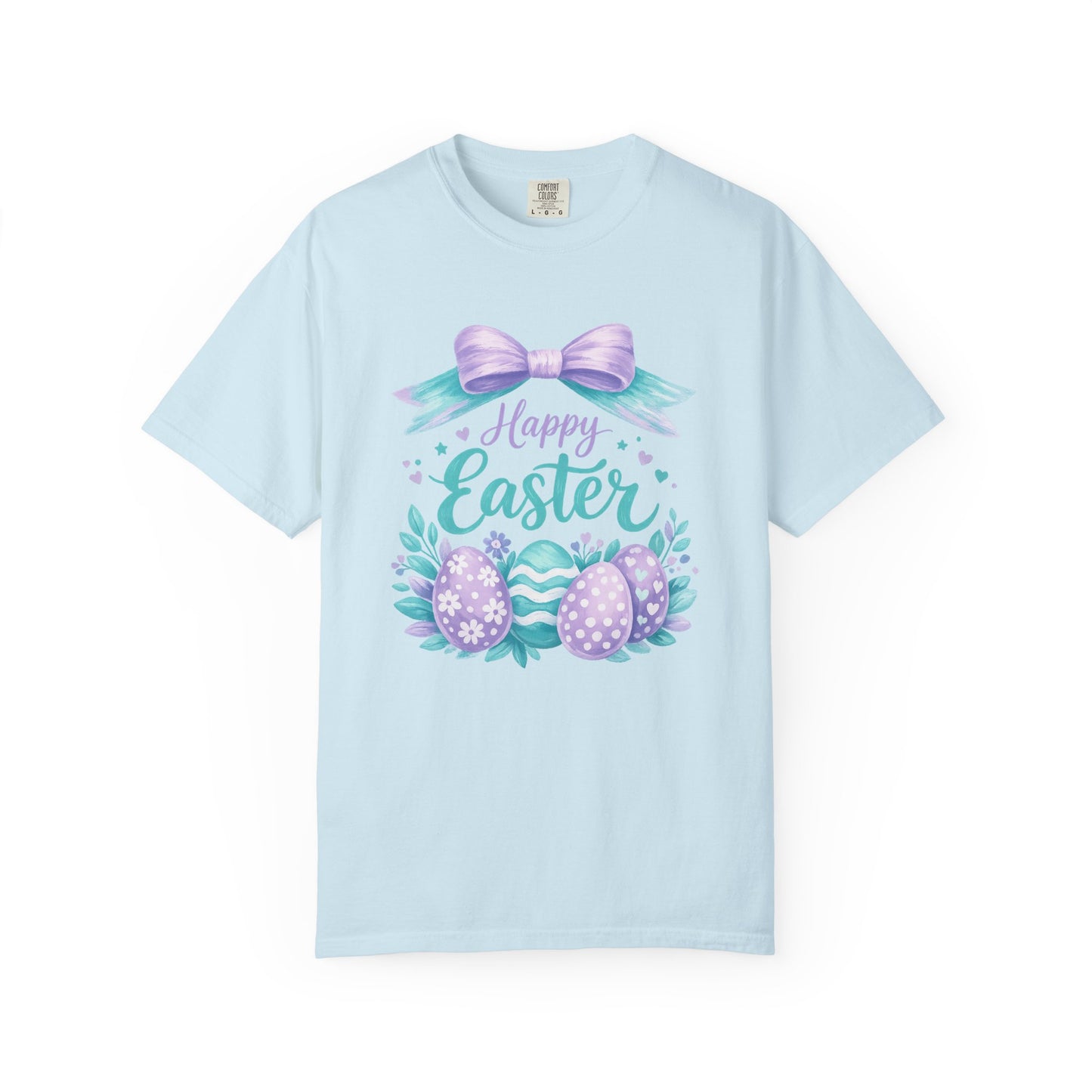 Adult Easter T-Shirt - "Happy Easter" Pastel Eggs & Bow Holiday Graphic Tee (Comfort Colors) - Size: S-4XL