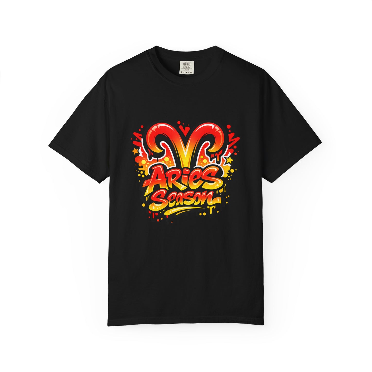 Aries Season Graphic Tee (Comfort Colors)- Bold Zodiac Astrology T-Shirt, Red & Yellow Aries Ram Design, Trendy Horoscope Shirt, Fire Sign Fashion - Size: S-4XL