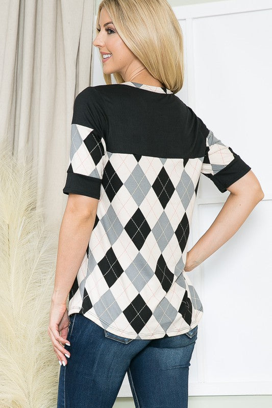 Argyle Print Button Front Jersey Top