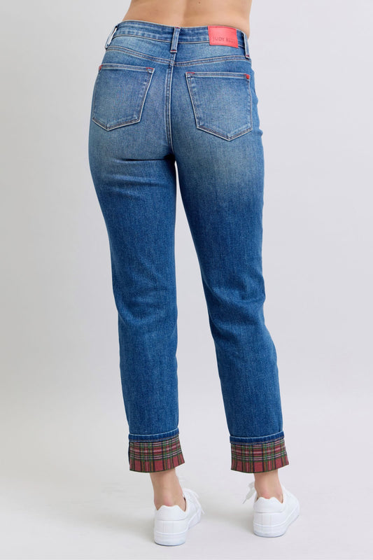 Judy Blue - Plaid Print Cuff Straight Leg Jeans with Pockets - Size: 0-24W