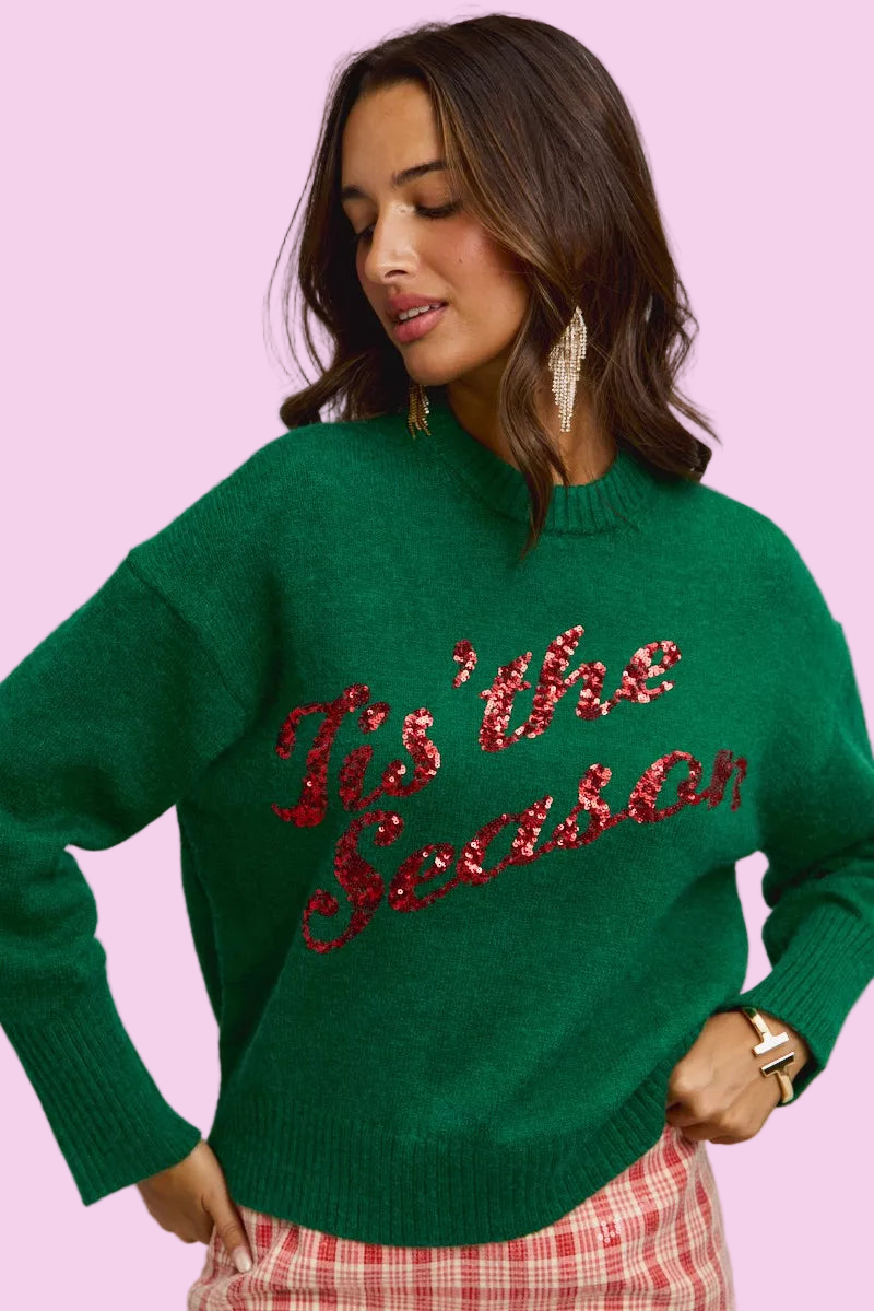 SO ME - Tis The Season Sequins Lettering Christmas Holiday Sweater - Size: S-XL