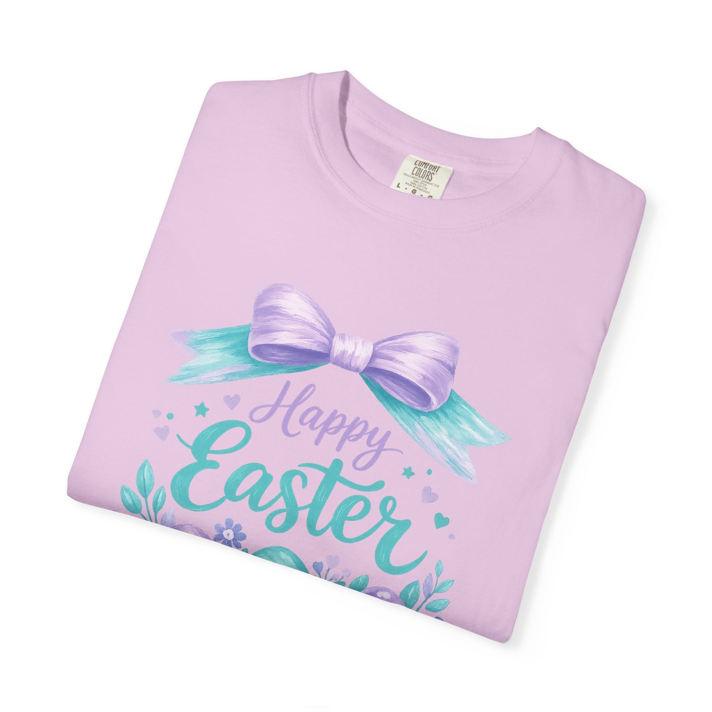 Adult Easter T-Shirt - "Happy Easter" Pastel Eggs & Bow Holiday Graphic Tee (Comfort Colors) - Size: S-4XL