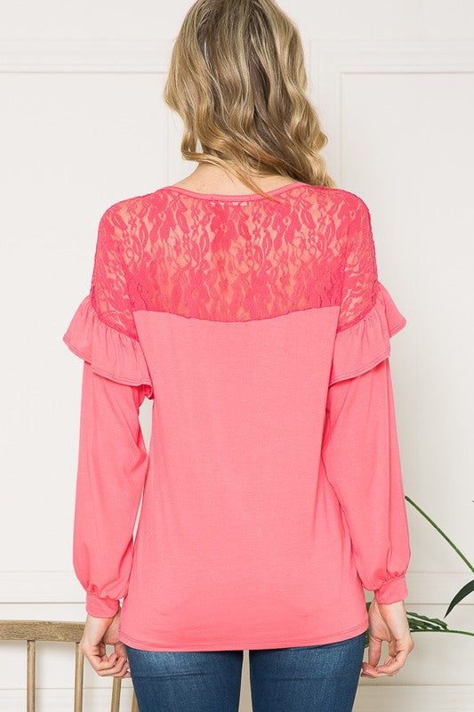 Lace Yoke Ruffle Sleeves