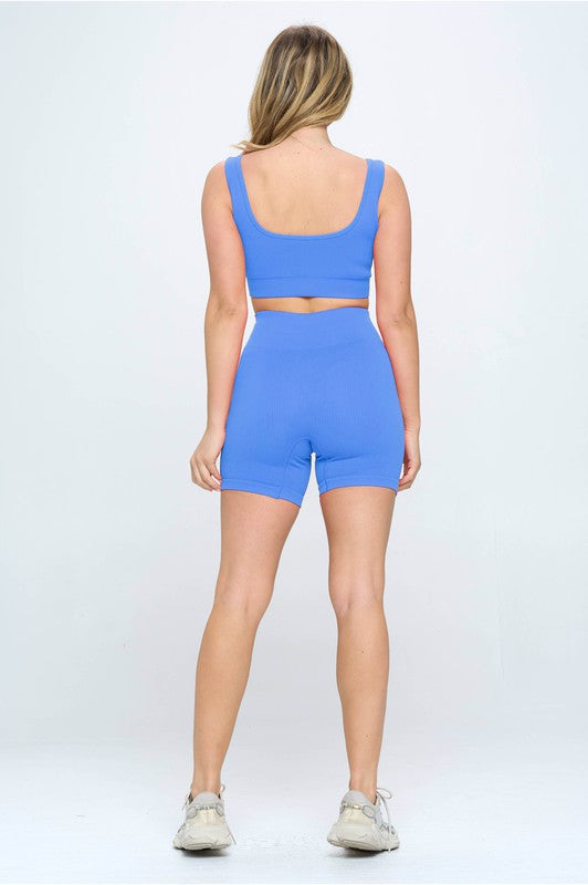 2 piece - Seamless Ribbed Tank Top & Biker Shorts