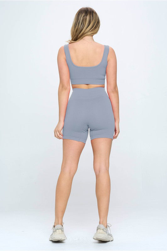 2 piece - Seamless Ribbed Tank Top & Biker Shorts