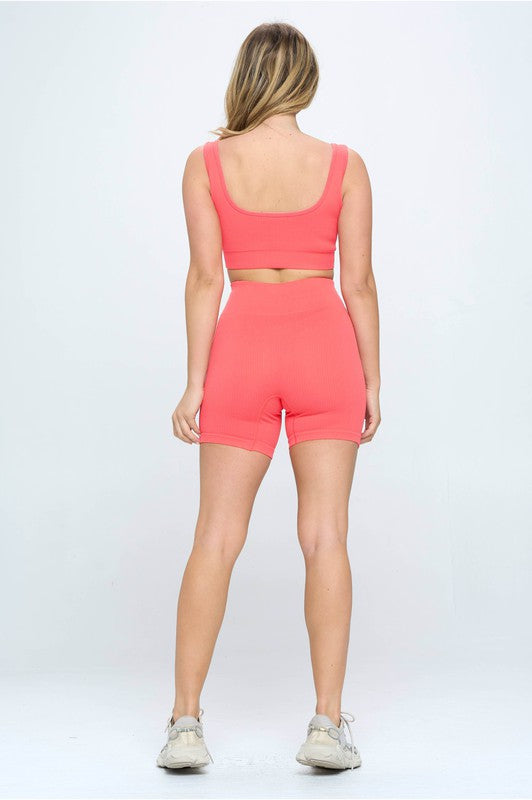 2 piece - Seamless Ribbed Tank Top & Biker Shorts