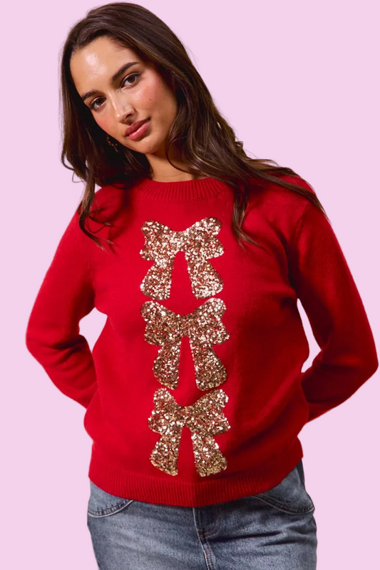 SO ME - Sequins Bow Ribbon Embellished Red Christmas Sweater - Size: S-XL