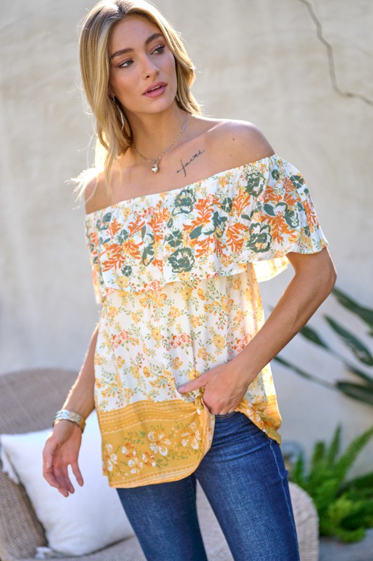 Davi & Dani - Printed Off Shoulder Smocked Top