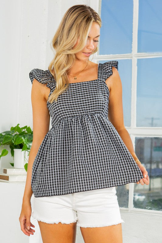 OFC - Ruffle Sleeve Tie Back Gingham Top