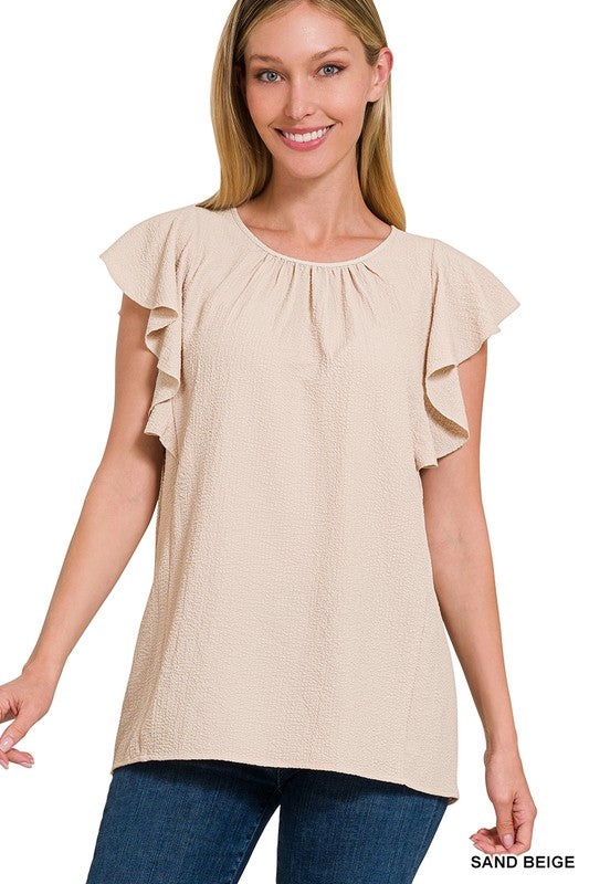 Zenana - Woven Bubble Airflow Flutter Sleeve Top