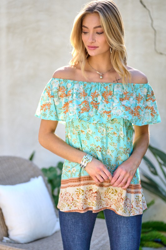 Davi & Dani - Printed Off Shoulder Smocked Top